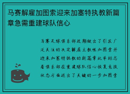 马赛解雇加图索迎来加塞特执教新篇章急需重建球队信心 马赛解雇加图索迎来加塞特执教新篇章急需重建球队信心